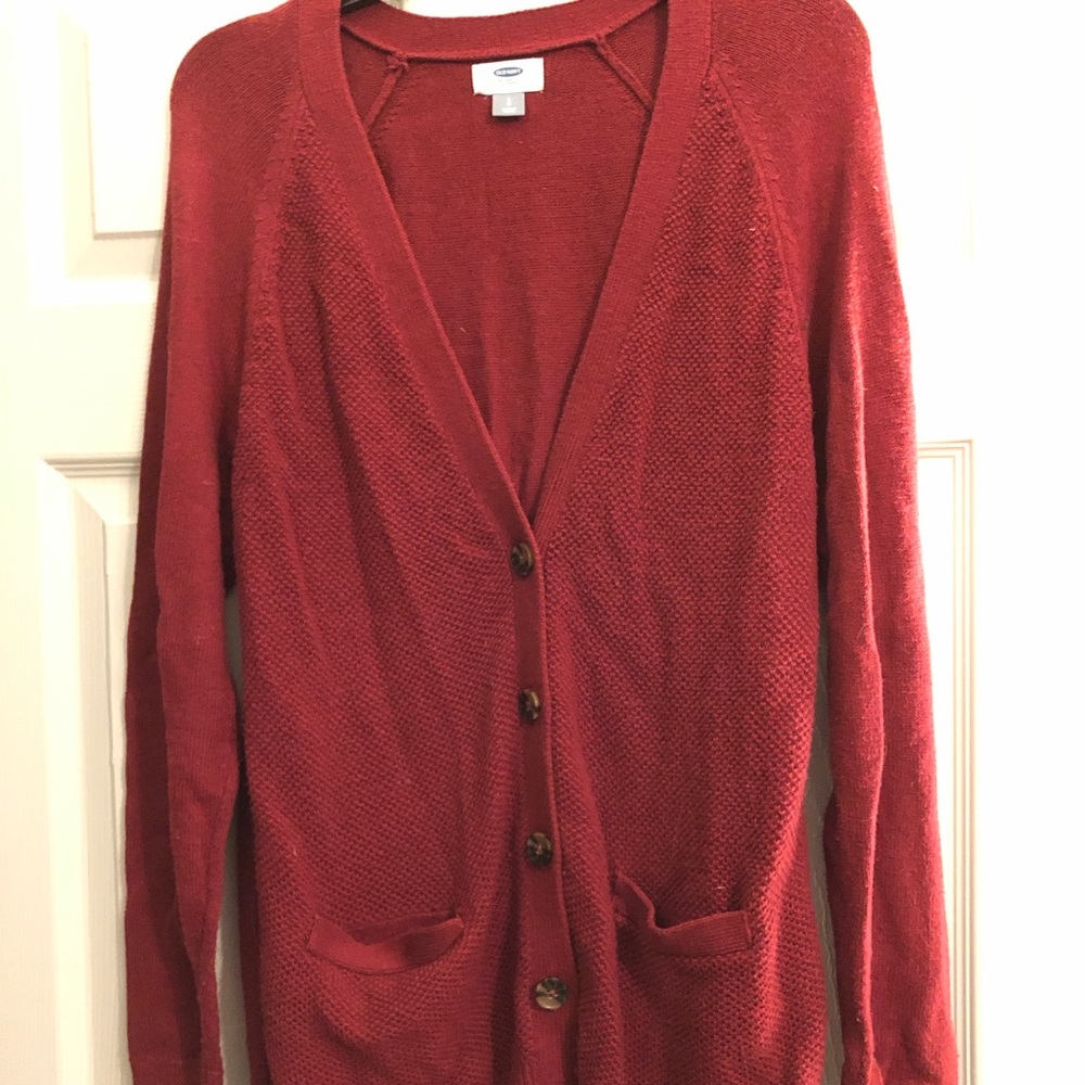 Red long cardigan with brown buttons, size L
